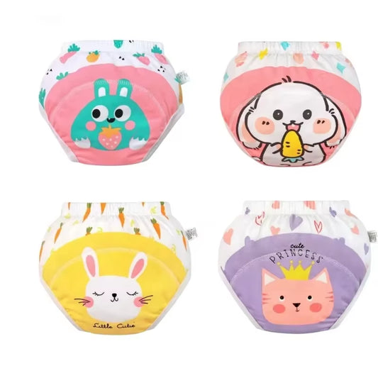 4PC Washable Baby Girl Waterproof Cotton Cloth Panties Reusable Boys Underwear Potty Training Pants Nappies Cartoon Diapers