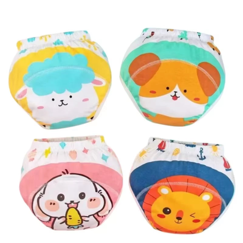 4PC Washable Baby Girl Waterproof Cotton Cloth Panties Reusable Boys Underwear Potty Training Pants Nappies Cartoon Diapers
