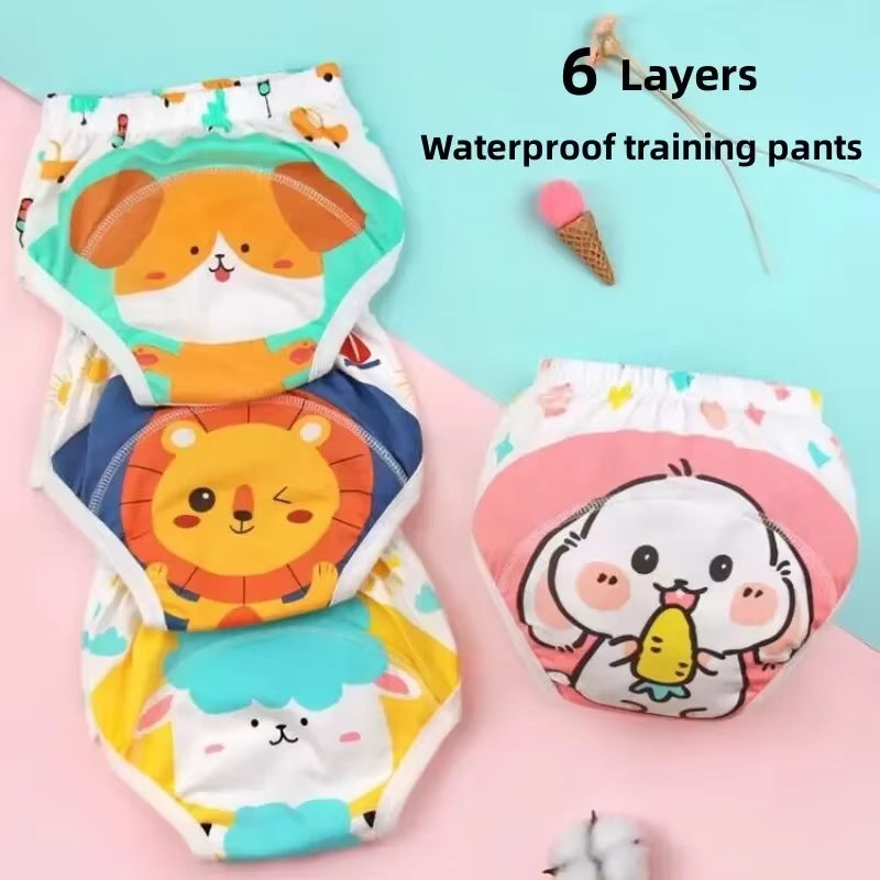 4PC Washable Baby Girl Waterproof Cotton Cloth Panties Reusable Boys Underwear Potty Training Pants Nappies Cartoon Diapers